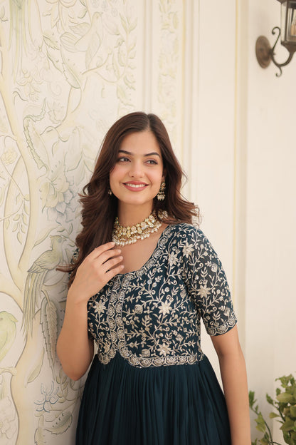 Dark Teal Green Faux Blooming Gown with Zari, Sequins & Embroidery Work – Elegant Ethnic Wear