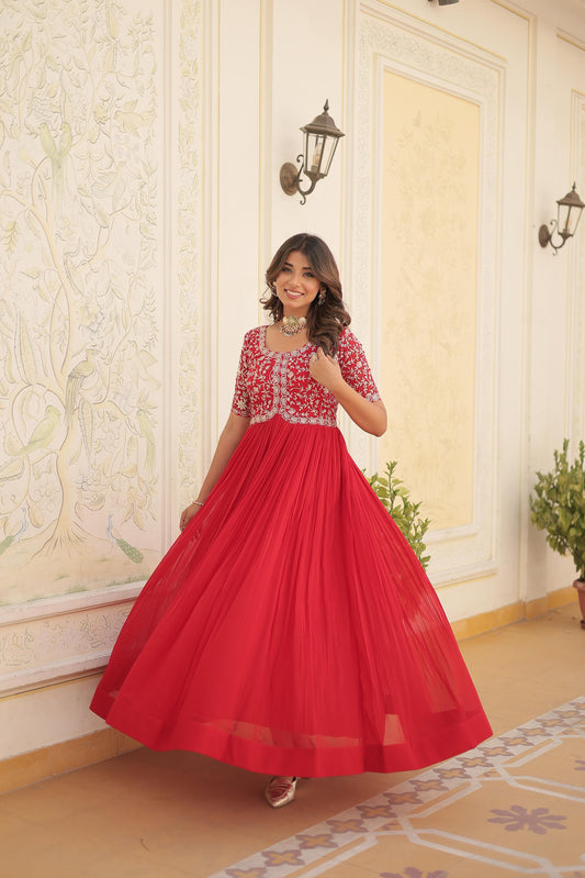 Red Faux Blooming Gown with Zari, Sequins & Embroidery Work – Elegant Ethnic Wear