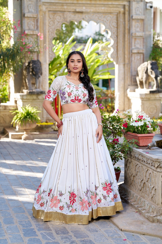 White Georgette Lehenga with Sequins & Thread Embroidery – Embossed Design and Lace Detailing