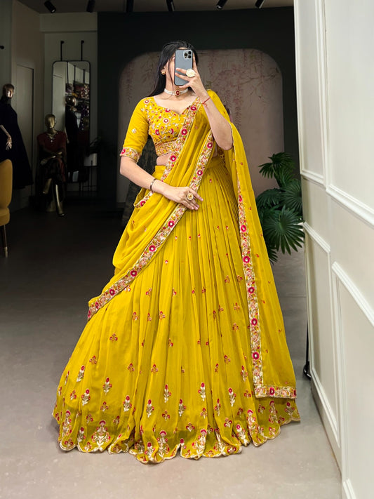 Yellow Georgette Lehenga with Sequins & Thread Embroidery Work – Elegant & Festive