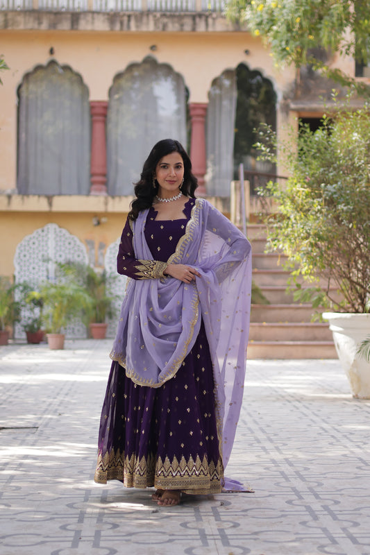 Purple Faux Blooming Embroidered Gown with Zari & Sequins Work and Matching Dupatta – Trendy Ethnic Style