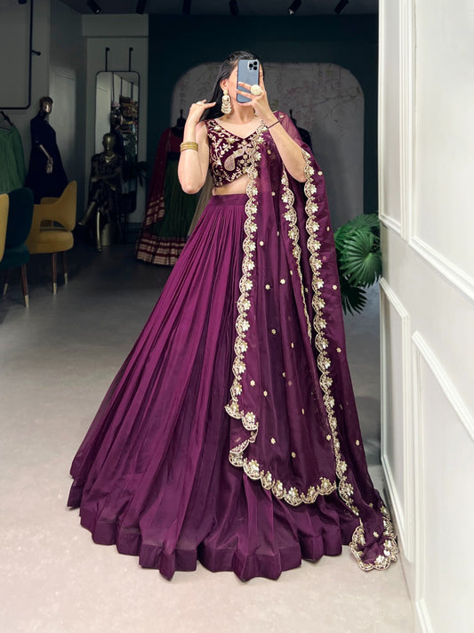 Trendy Wine Organza Lehenga With Dupatta – Elegant Plain Design for Modern Ethnic Wear