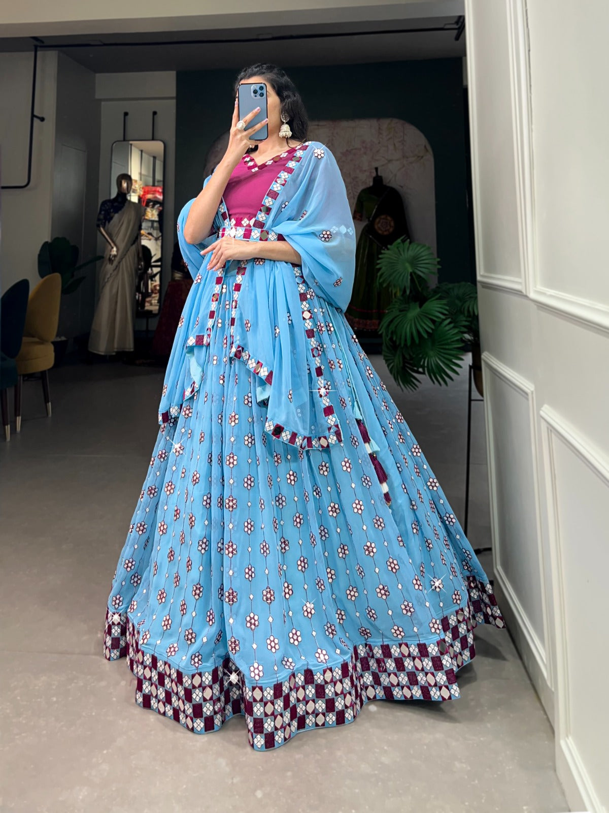 Sky Blue Georgette Lehenga with Sequins, Embroidery & Mirror Work – Elegant & Festive