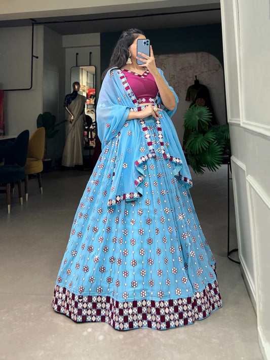 Sky Blue Georgette Lehenga with Sequins, Embroidery & Mirror Work – Elegant & Festive