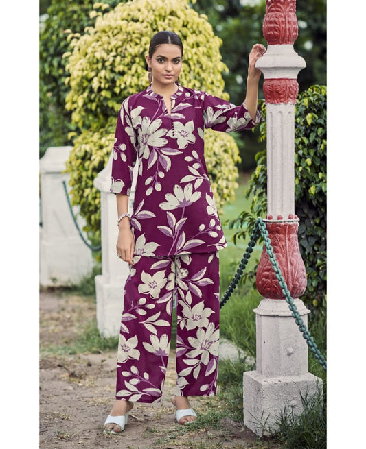 Purple Co-Ord Set for Women – Heavy Rayon Printed Top & Bottom | Stylish Ethnic Wear