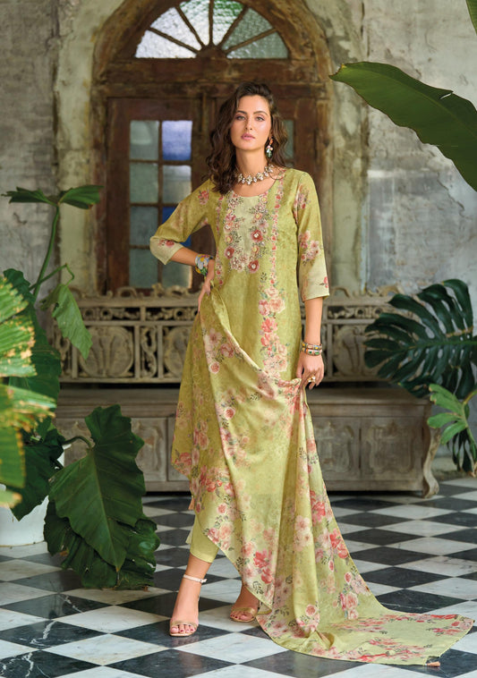 Light Mehendi Schiffli Linen Suit Set – Handwork Kurti, Cambric Cotton Pant & Viscose Mal Dupatta