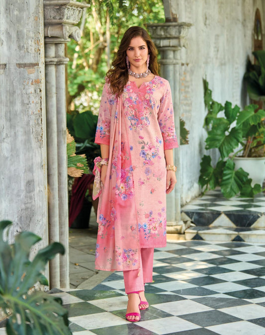 Pink Schiffli Linen Suit Set – Handwork Kurti, Cambric Cotton Pant & Viscose Mal Dupatta