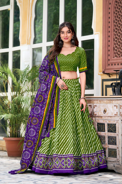 Green Tussar Silk Lehenga – Leheriya Print, Patola Border, Trendy Style with Dupatta
