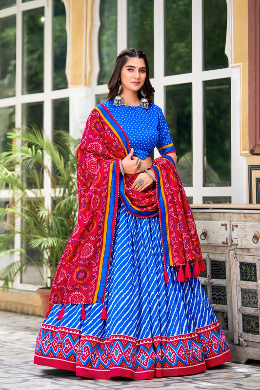 Blue Tussar Silk Lehenga – Leheriya Print, Patola Border, Trendy Style with Dupatta