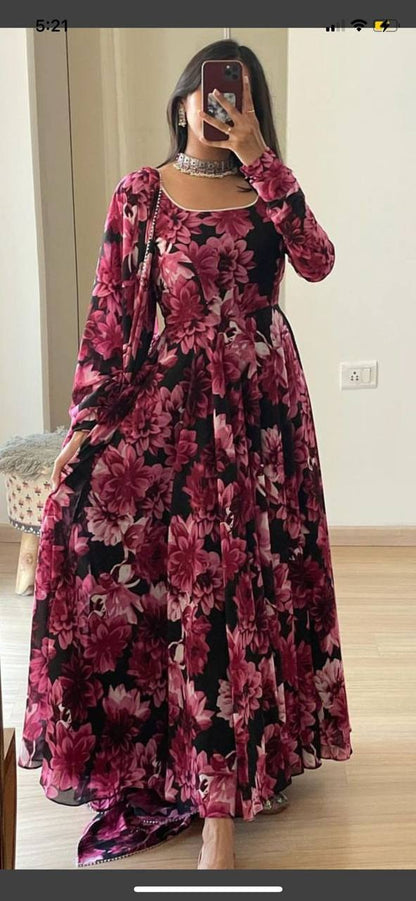 Black & Pink Faux Georgette Gown with Floral Digital Print & Dupatta – Trendy Ethnic Wear