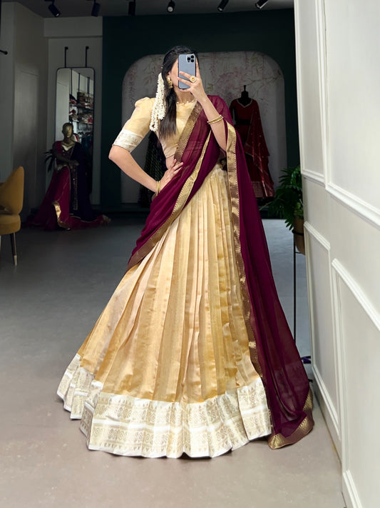 Trendy Cream Kanchipuram Silk Lehenga with Zari Weaving Work and Matching Dupatta