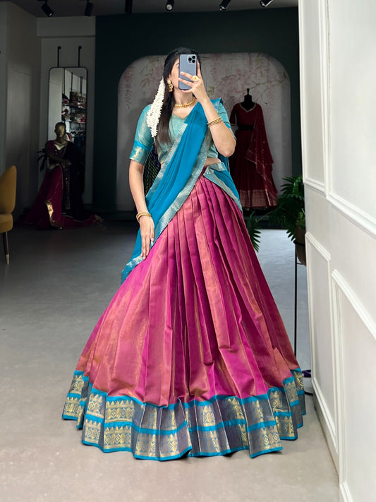 Trendy Pink Kanchipuram Silk Lehenga with Zari Weaving Work and Matching Dupatt