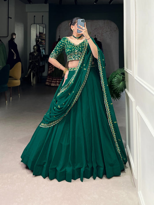 Green Georgette Lehenga with Thread Embroidery Work & Stylish Belt – Elegant Traditional Wear