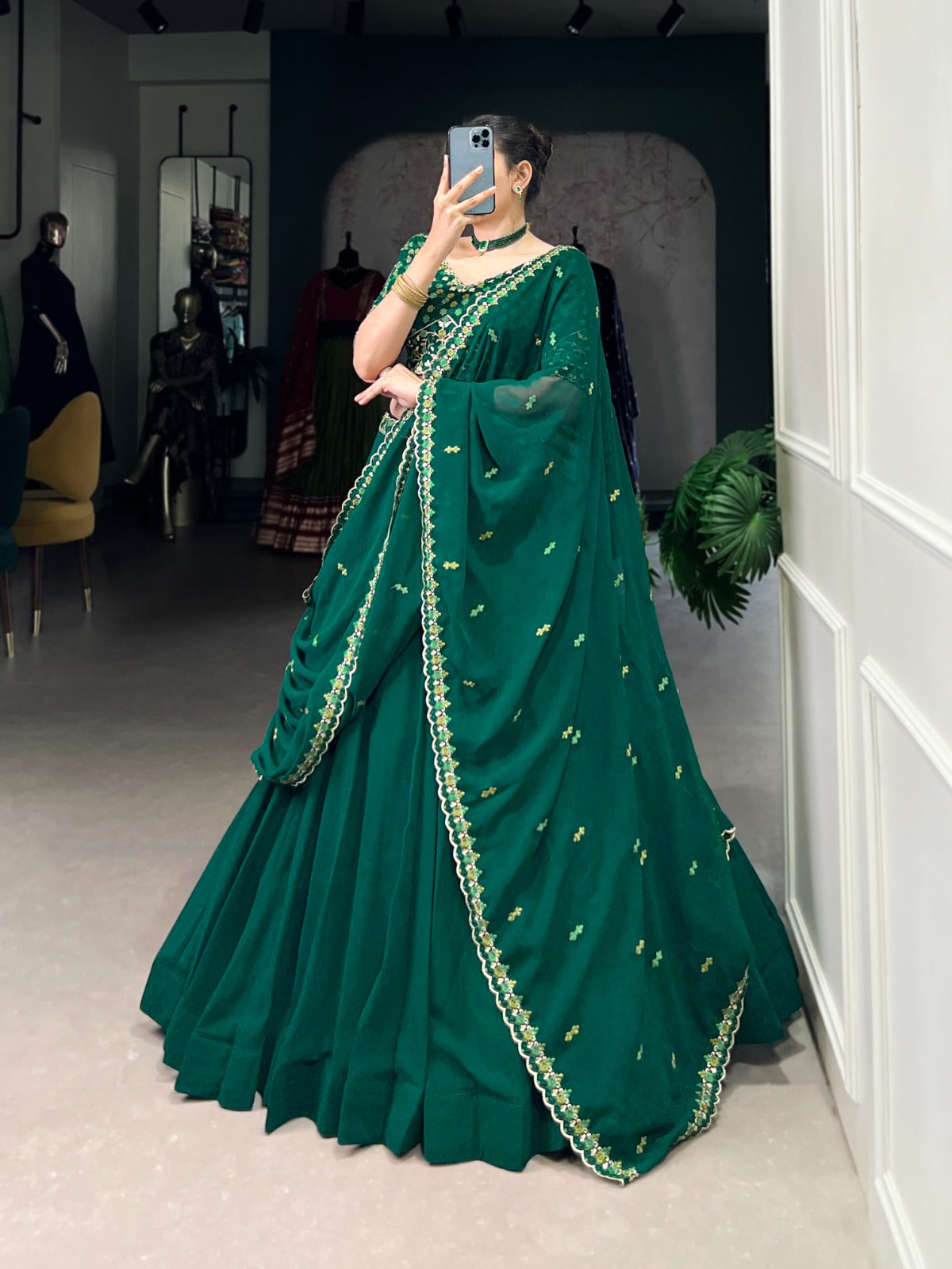 Green Georgette Lehenga with Thread Embroidery Work & Stylish Belt – Elegant Traditional Wear