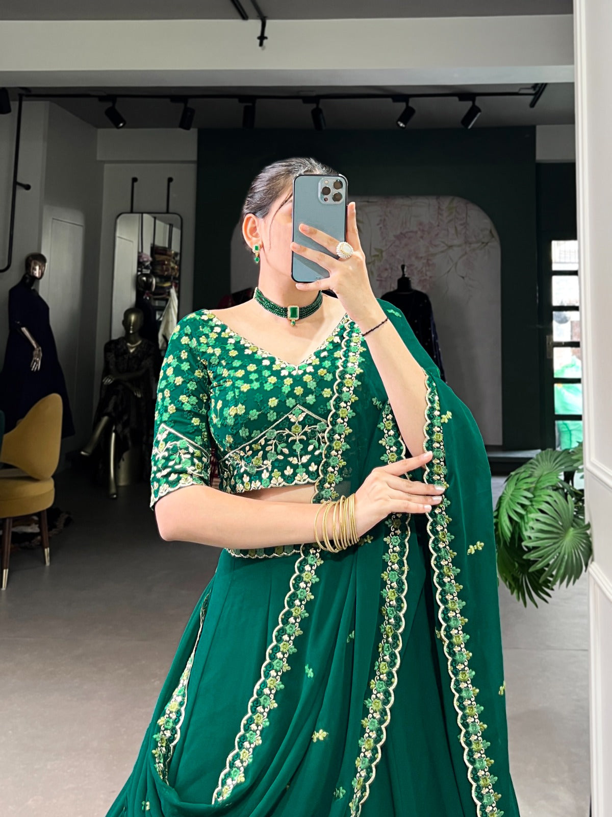 Green Georgette Lehenga with Thread Embroidery Work & Stylish Belt – Elegant Traditional Wear