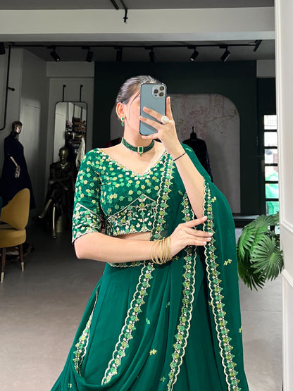 Green Georgette Lehenga with Thread Embroidery Work & Stylish Belt – Elegant Traditional Wear
