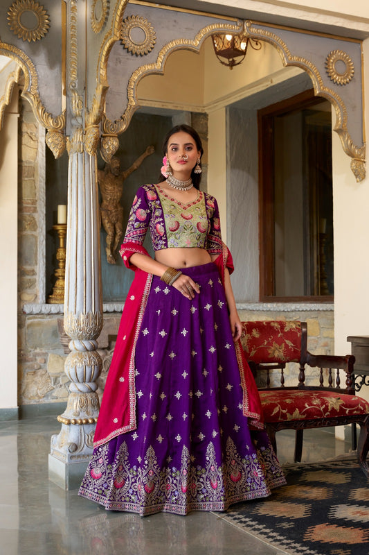 Purple Vichitra Silk Lehenga with Sequins & Thread Embroidery – Elegant Ethnic Wear for Women