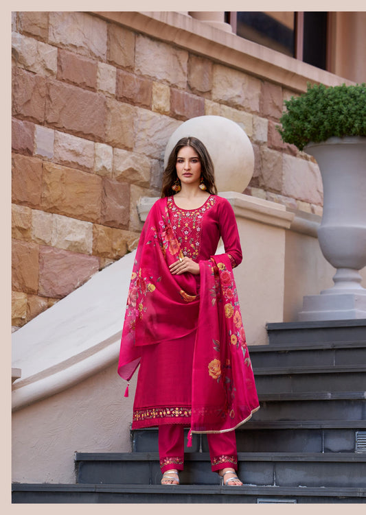 Pink Viscose Silk 3-Piece Kurti Set with Handwork & Embroidery – Elegant Festive Ethnic Wear for Women