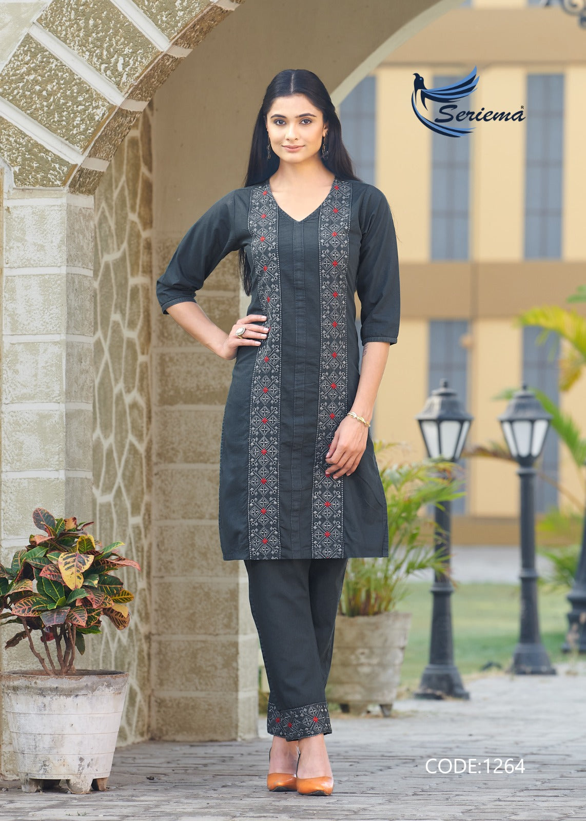 Dark Gray Cotton Denim Co-ord Set with Heavy Embroidery Work – 100% Pure Cotton for Women