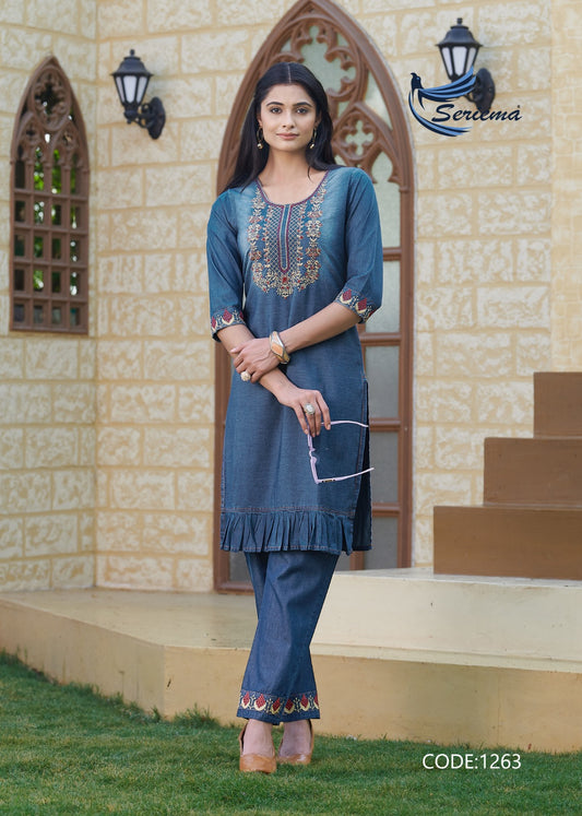 Blue Cotton Denim Co-ord Set with Heavy Embroidery Work – 100% Pure Cotton for Women