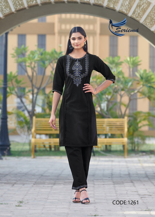 Black Cotton Denim Co-ord Set with Heavy Embroidery Work – 100% Pure Cotton for Women