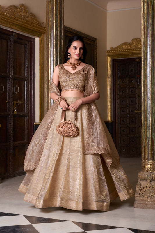 Golden Gold Crush Lehenga – Elegant Plain Designer Ethnic Wear for Weddings & Festive Occasions