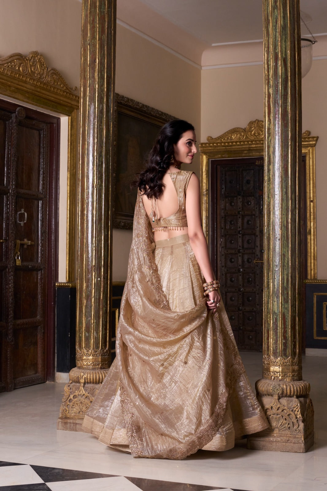 Golden Gold Crush Lehenga – Elegant Plain Designer Ethnic Wear for Weddings & Festive Occasions