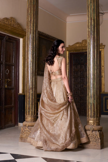 Golden Gold Crush Lehenga – Elegant Plain Designer Ethnic Wear for Weddings & Festive Occasions