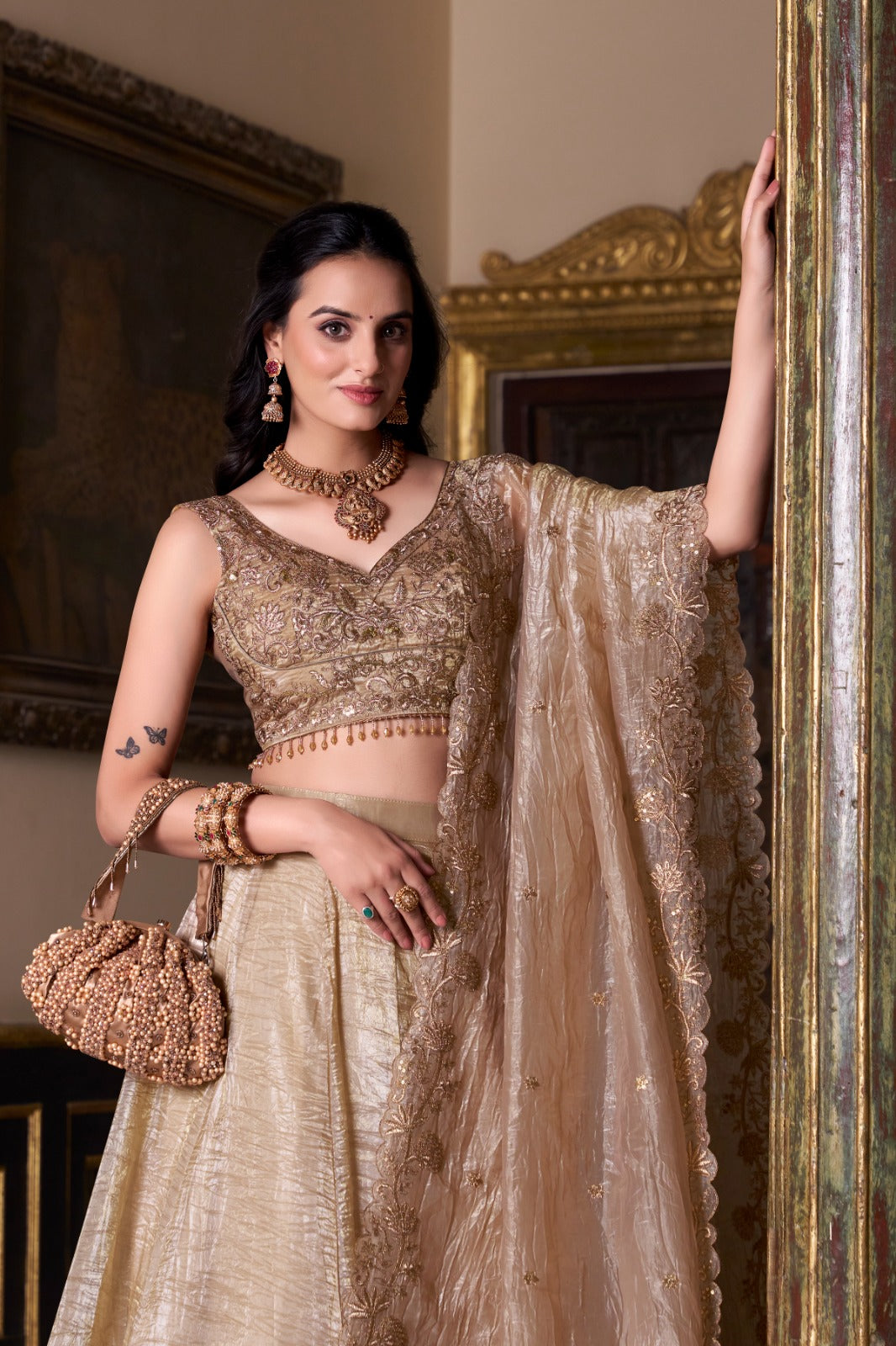 Golden Gold Crush Lehenga – Elegant Plain Designer Ethnic Wear for Weddings & Festive Occasions
