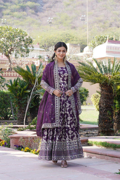 Wine Viscose Diable Jacquard Gown with Sequins Embroidery and Matching Dupatta – Trendy Partywear Outfit