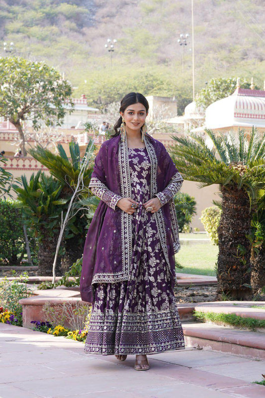 Wine Viscose Diable Jacquard Gown with Sequins Embroidery and Matching Dupatta – Trendy Partywear Outfit
