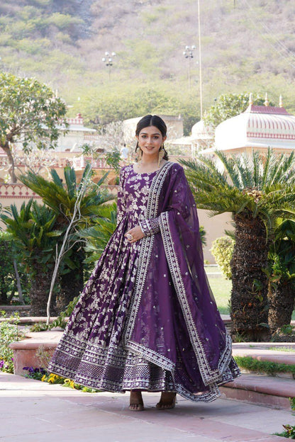 Wine Viscose Diable Jacquard Gown with Sequins Embroidery and Matching Dupatta – Trendy Partywear Outfit