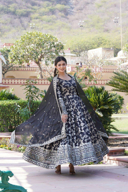 Black Viscose Diable Jacquard Gown with Sequins Embroidery and Matching Dupatta – Trendy Partywear Outfit