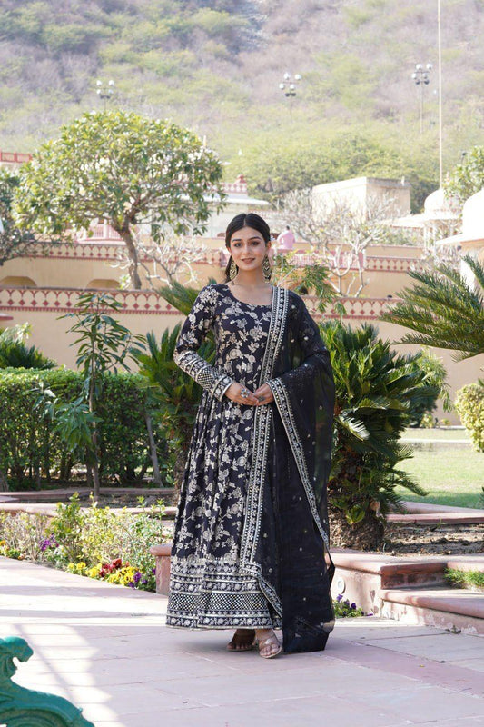 Black Viscose Diable Jacquard Gown with Sequins Embroidery and Matching Dupatta – Trendy Partywear Outfit