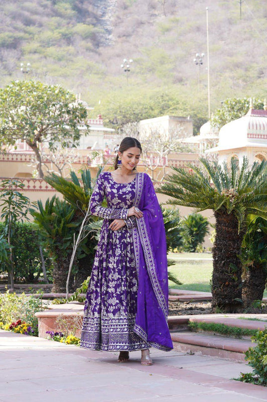 Purple Viscose Diable Jacquard Gown with Sequins Embroidery and Matching Dupatta – Trendy Partywear Outfit