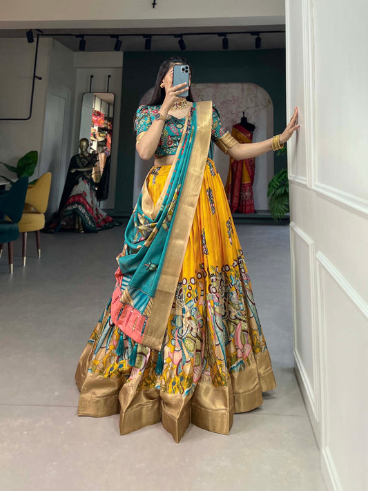 Yellow And Rama Color Dola Silk Lehenga Choli With Dupatta