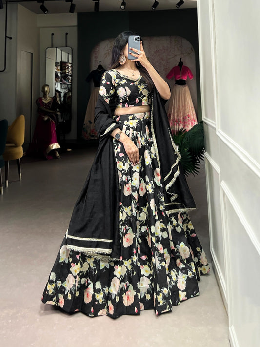 Black Color Tussar Silk Lehenga Choli With Dupatta