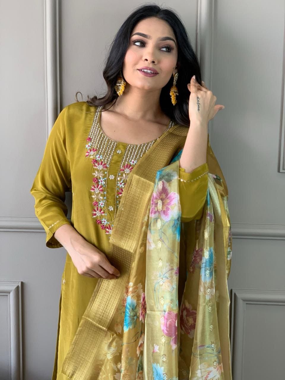 Mustered Color Viscose Fabric With Sequence Embroidery Work Kurta Set.