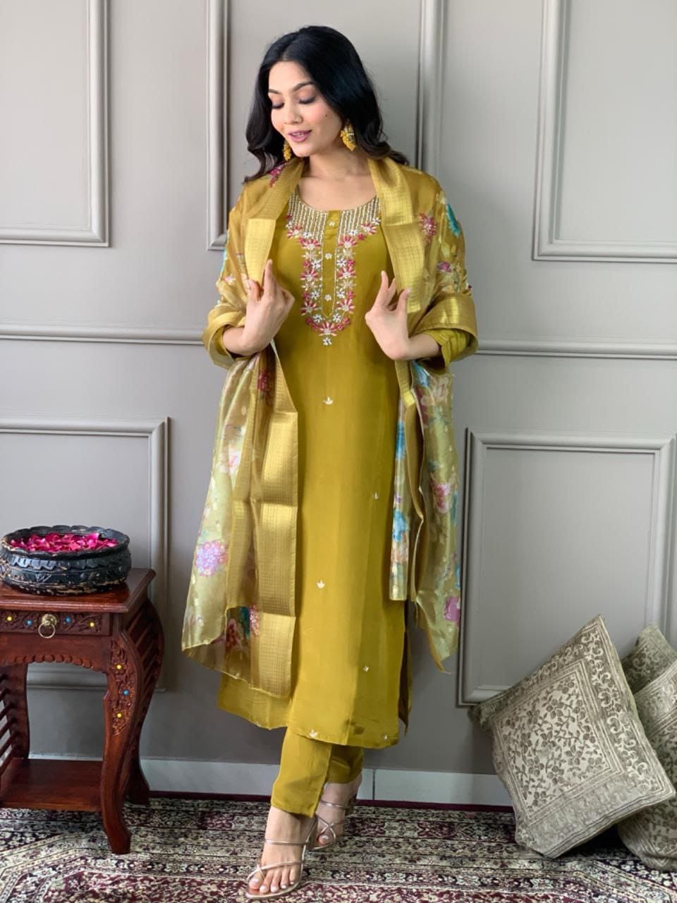 Mustered Color Viscose Fabric With Sequence Embroidery Work Kurta Set.