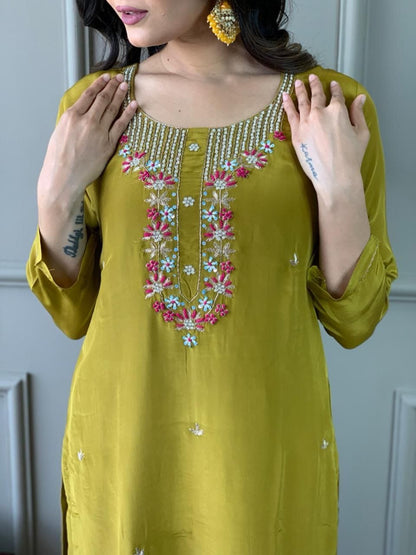 Mustered Color Viscose Fabric With Sequence Embroidery Work Kurta Set.