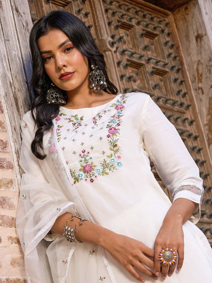 White Color Viscose Fabric With Sequence Embroidery Work Kurta Set.