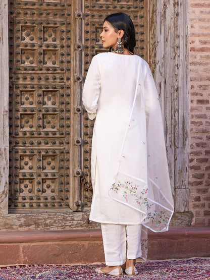 White Color Viscose Fabric With Sequence Embroidery Work Kurta Set.