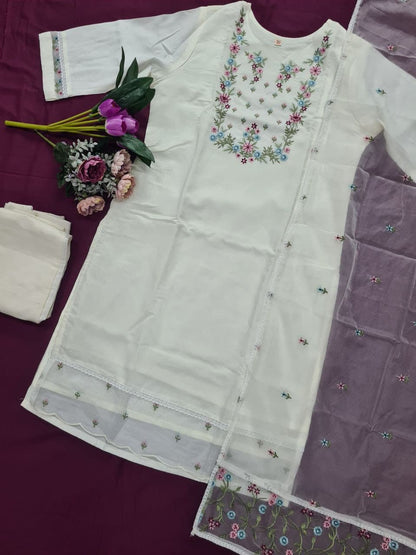 White Color Viscose Fabric With Sequence Embroidery Work Kurta Set.