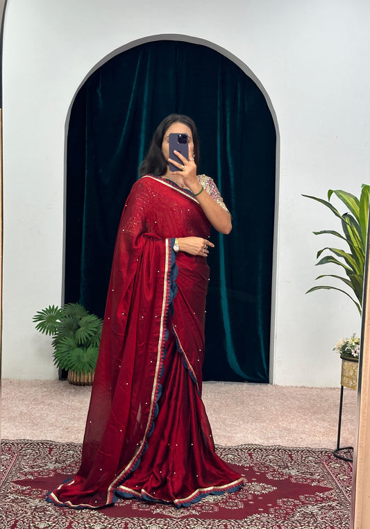Maroon Blooming Rangoli Saree with Pearl Moti Work and Silk Embroidered Blouse