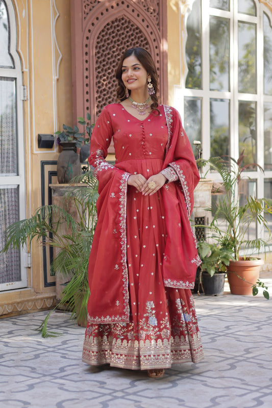 Rani Pink Viscose Cosmos Gown with Zari & Sequin Foil Embroidery – Festive Wear