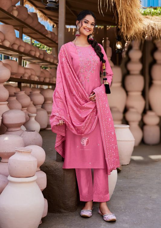 Trendy Pink Viscose Nylon And Aari Work Kurti With Dupatta – Elegant Ethnic Wear for Women