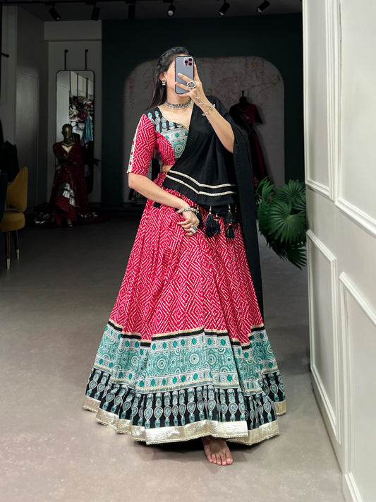 Trendy Pink Rayon Lehenga with Bandhej & Ajrakh Print, Embossed Design and Gota Lace – Comes with Matching Dupatta