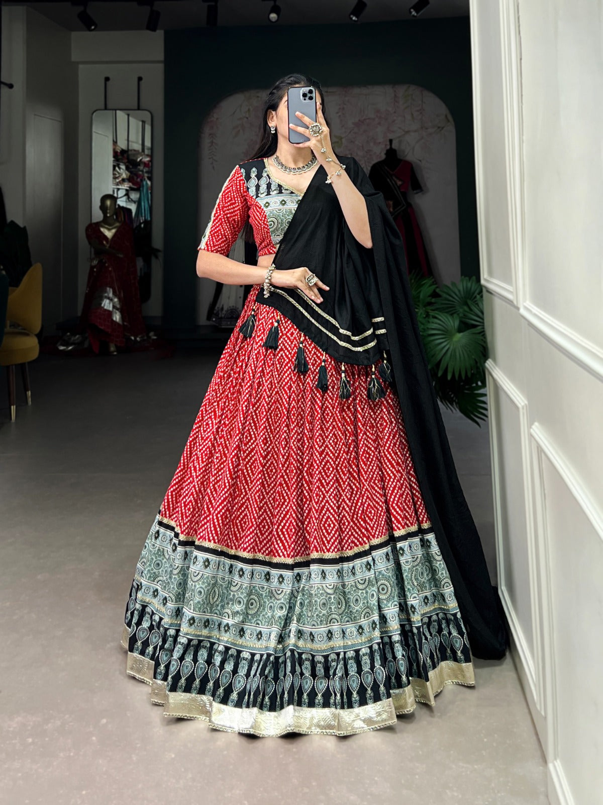 Trendy Red Rayon Lehenga with Bandhej & Ajrakh Print, Embossed Design and Gota Lace – Comes with Matching Dupatta