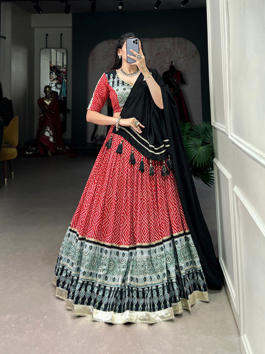 Trendy Red Rayon Lehenga with Bandhej & Ajrakh Print, Embossed Design and Gota Lace – Comes with Matching Dupatta