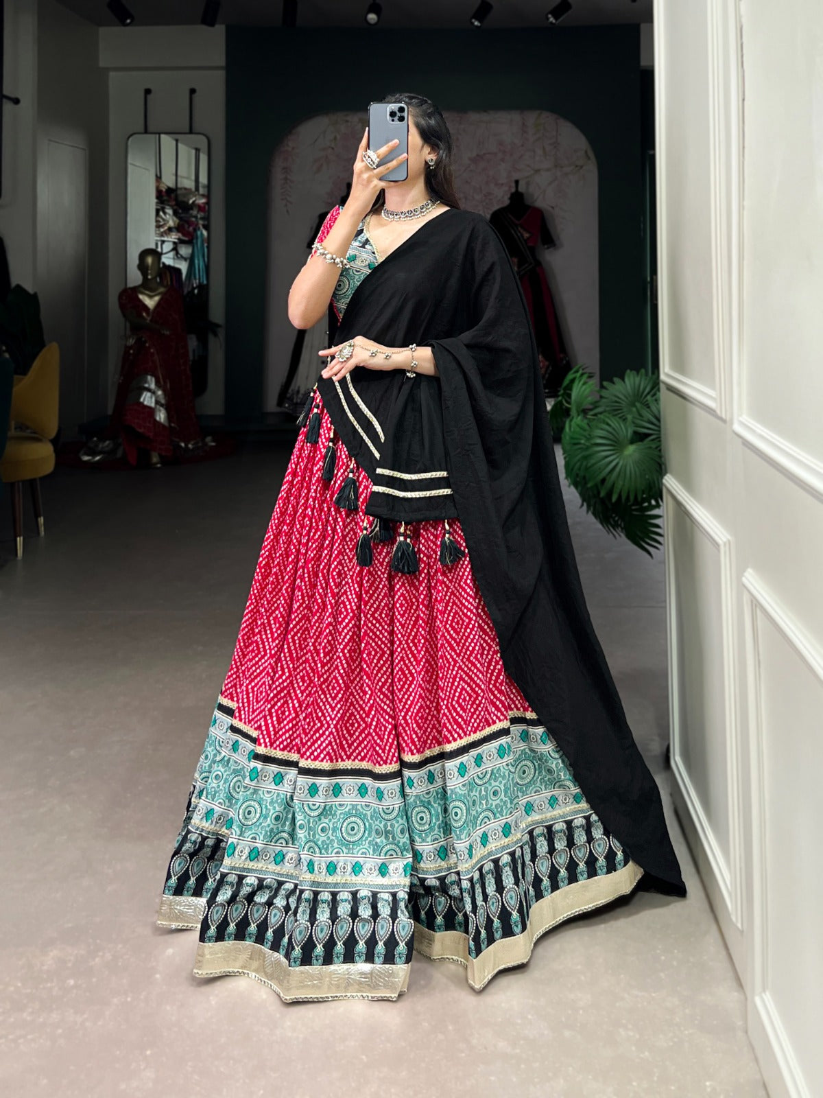 Trendy Pink Rayon Lehenga with Bandhej & Ajrakh Print, Embossed Design and Gota Lace – Comes with Matching Dupatta